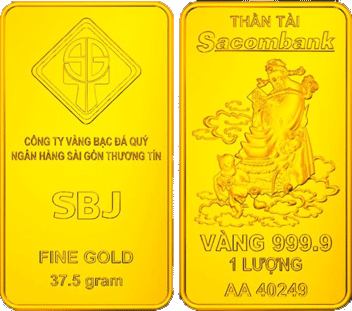 Hai mặt của miếng vàng Thần tài Sacombank 1 lượng